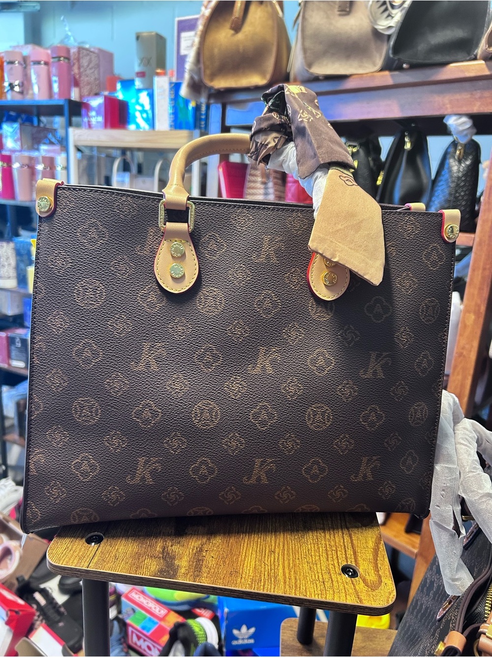 Classic Brown Monogram Tote Bag with Tan Handles